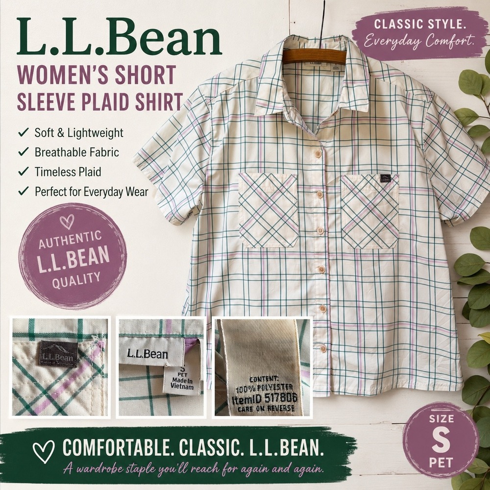 LL Bean Women's Small Petite Plaid Short Sleeve Button Down Shirt Green Pink‎